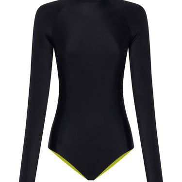 Women's UPF 50+ One Piece Surf & Swimwear | Black with Lime Zest - Lumar Active