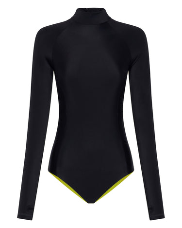 Women's UPF 50+ One Piece Surf & Swimwear | Black with Lime Zest - Lumar Active